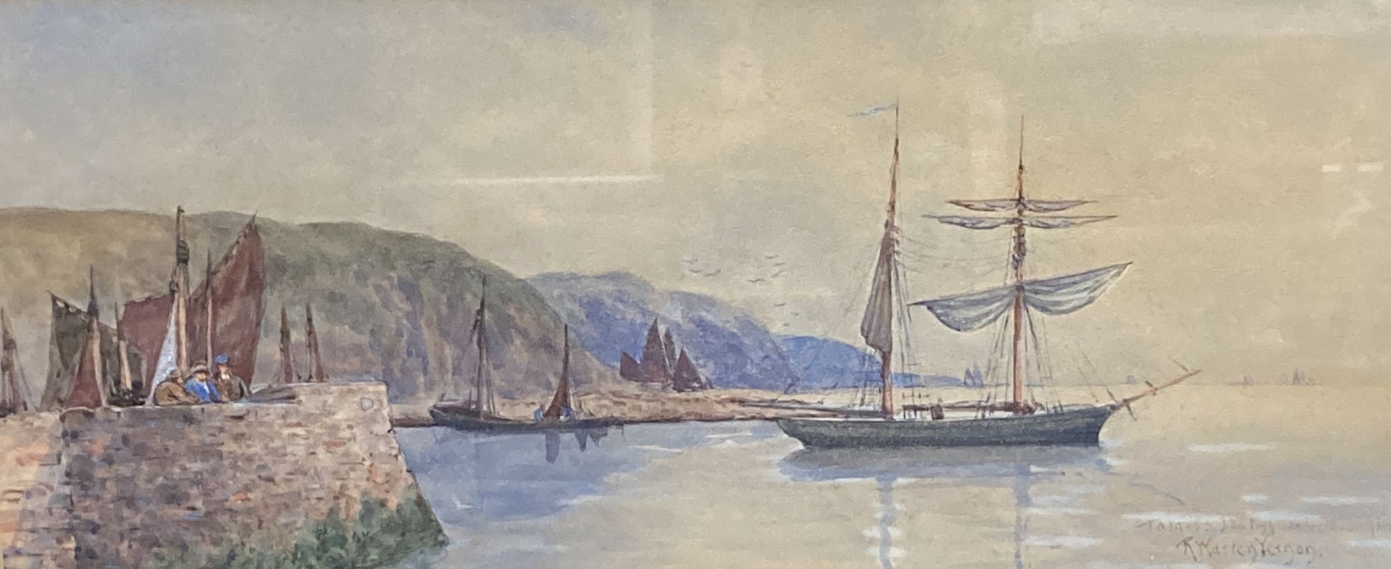 R. Warren Vernon (fl. 1882-1908), watercolour, Schooner in harbour, signed, 15 x 35cm.